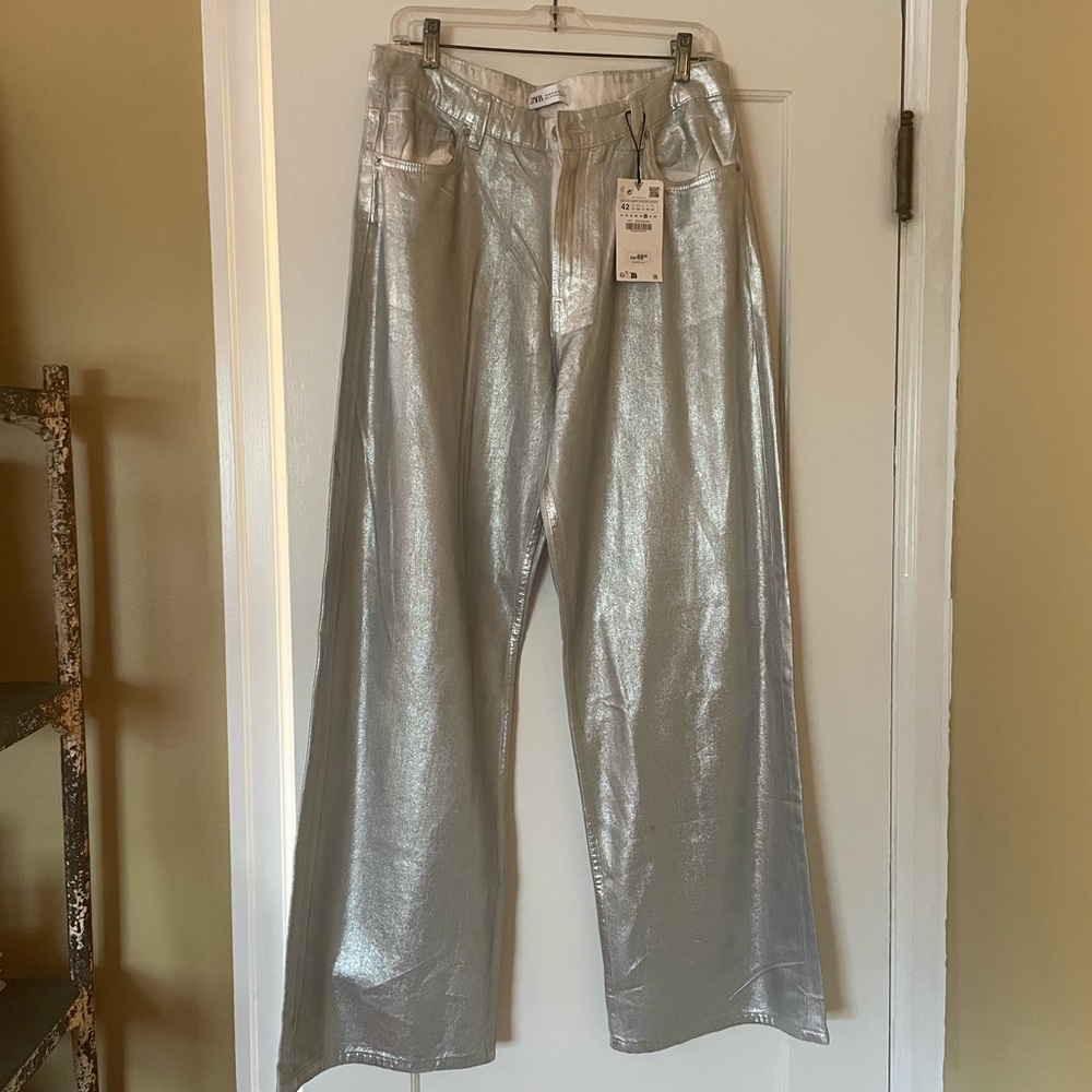 Zara Silver Metallic Wide-Leg Jeans